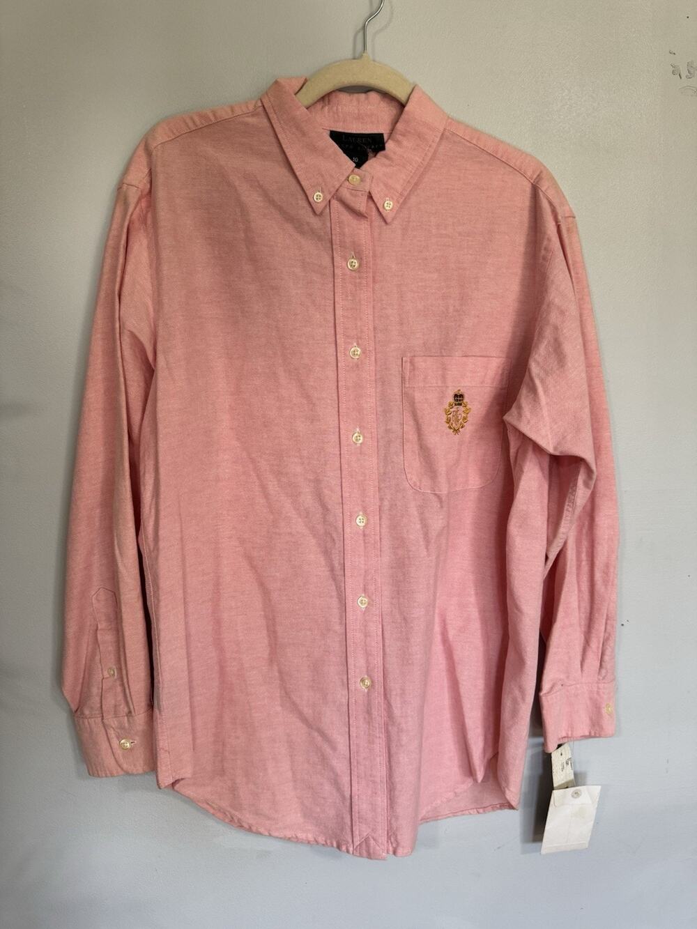 LAUREN RALPH LAUREN Pink Button Down Embroidered Logo Sz 10 Preppy Academia NEW